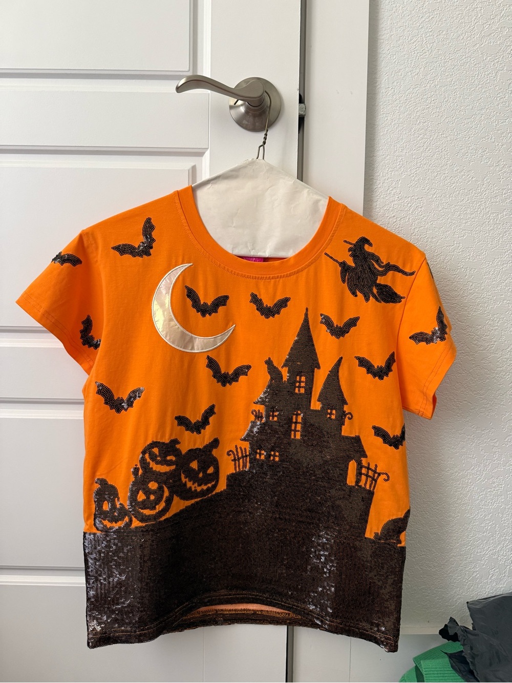 QUEEN OF SPARKLES Orange Halloween Haunted House Tee
